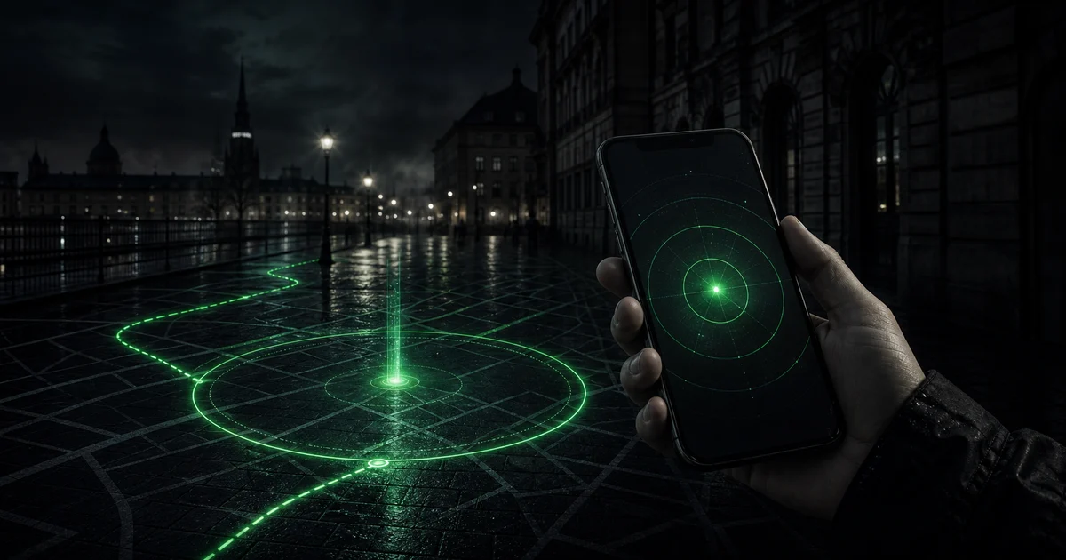 A phone detecting a glowing geolocated signal on a dark city street