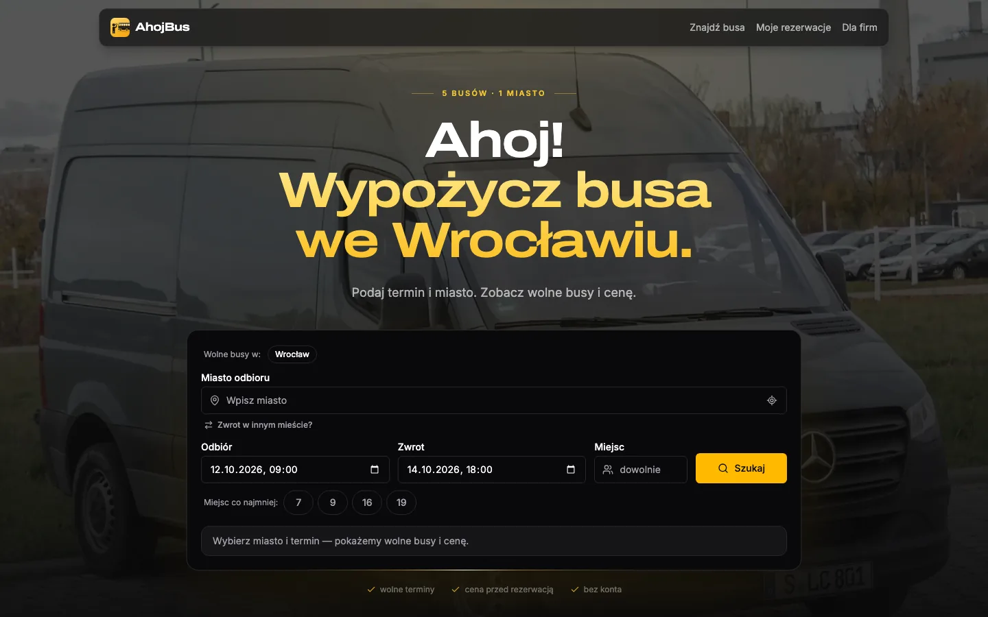 AhojBus landing page: “Ahoj! Wypożycz busa we Wrocławiu.” (rent a van in Wrocław) above the search for pick-up city, dates and seats