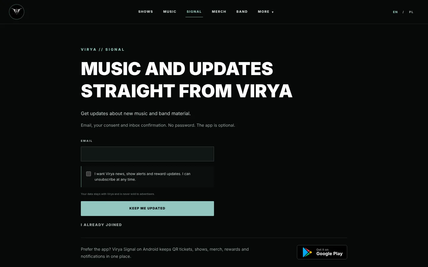 Virya Signal signup page: music and updates straight from Virya