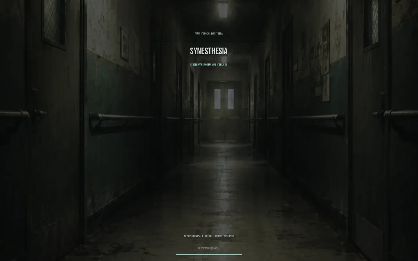 Synesthesia, the interactive Virya album: a dim corridor with the title Synesthesia